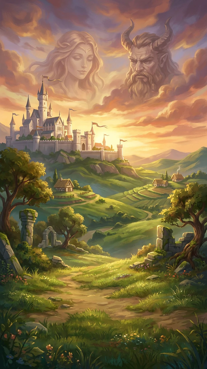 Painted cover for Gaiden: the faces of a serene goddess and a horned, bearded god loom in sunset clouds above a white castle and a green valley of villages and ruins