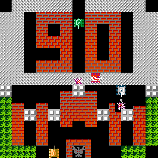 FC Tank gameplay: the player's yellow tank defends the eagle base among brick, steel and bush tiles while enemy tanks attack