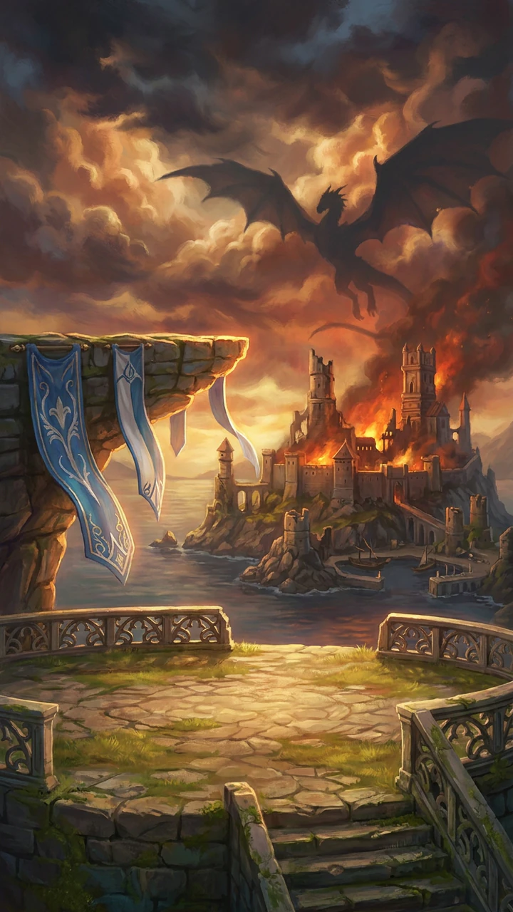 Painted cover for Shadow Dragon: a young blue-haired lord in a white-and-blue cape stands before mounted knights, a burning castle and a dragon in the storm clouds behind them