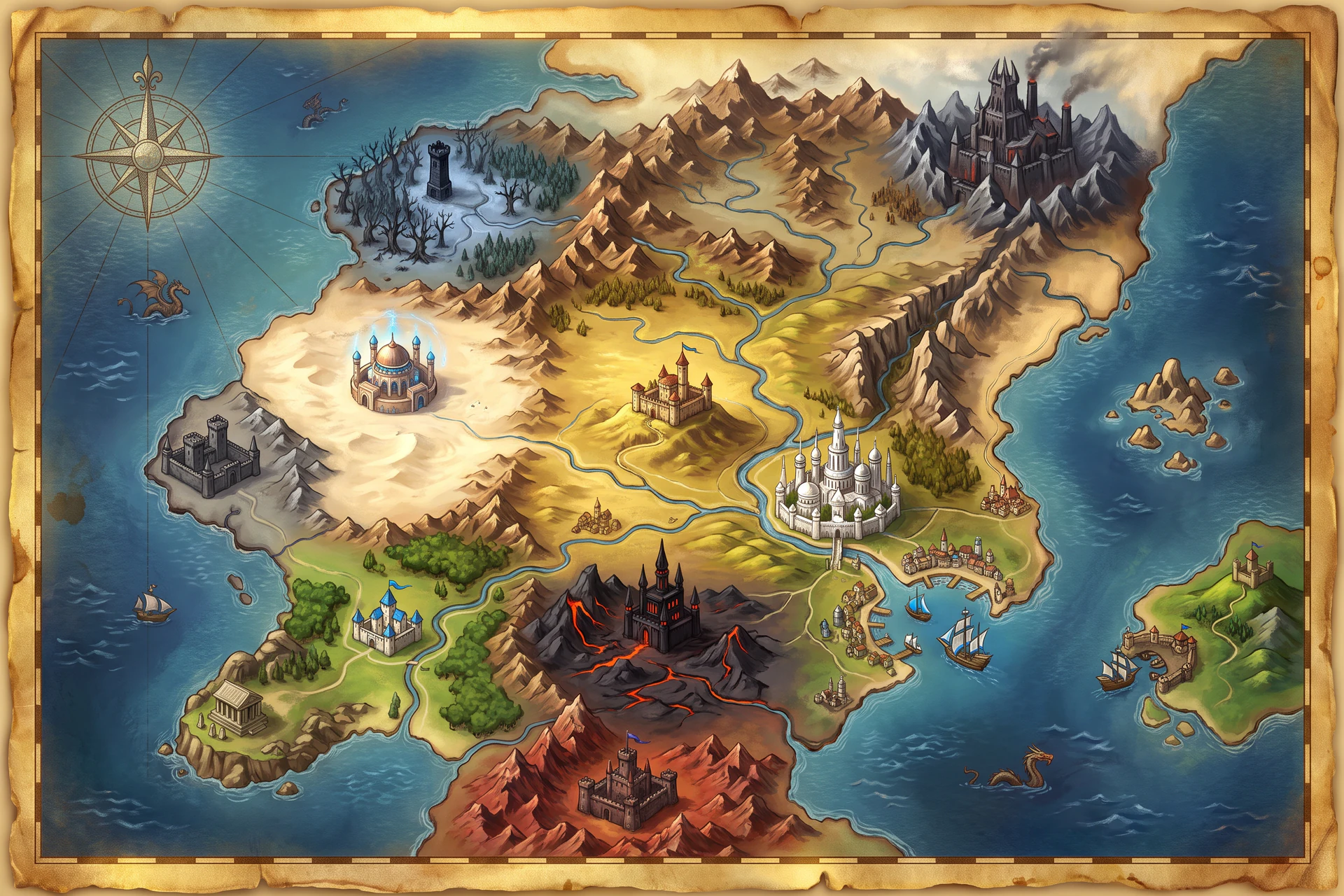 Painted parchment map of Archanea with castles, rivers, forests and the volcanic land of Dolhr, with no lettering on the art