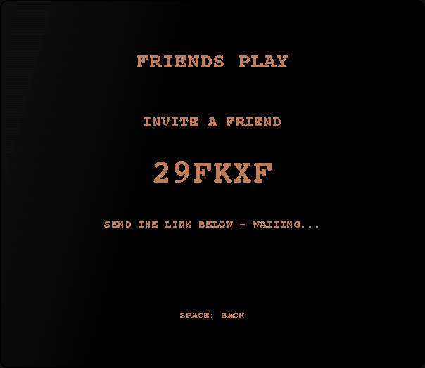 FC Tank's FRIENDS PLAY screen: 'INVITE A FRIEND', the room code 29FKXF in orange, and 'SEND THE LINK BELOW – WAITING...'