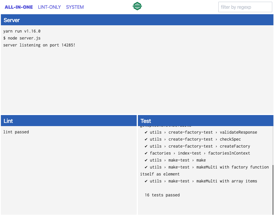 Dashflow browser dashboard with Server, Lint and Test panels showing live output: server listening, lint passed, 16 tests passed
