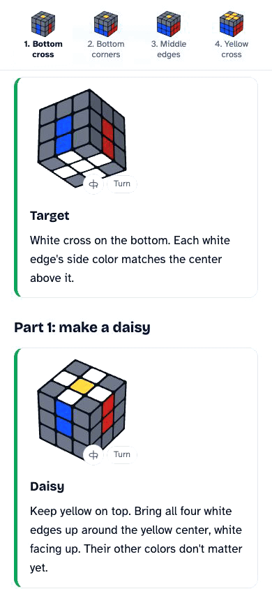 GIF at 390px: tap a cube's rotate icon and a ring appears, drag to rotate it, then Reset all in the stage bar puts the cube back and hides itself