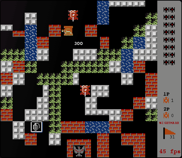 An FC Tank battle on stage 31 in NIGHTMARE mode: the yellow player tank near the top of a maze of brick, steel, water and grass, two red enemy tanks closing in, a power-up on the field and the eagle base at the bottom; the side bar reads NIGHTMARE