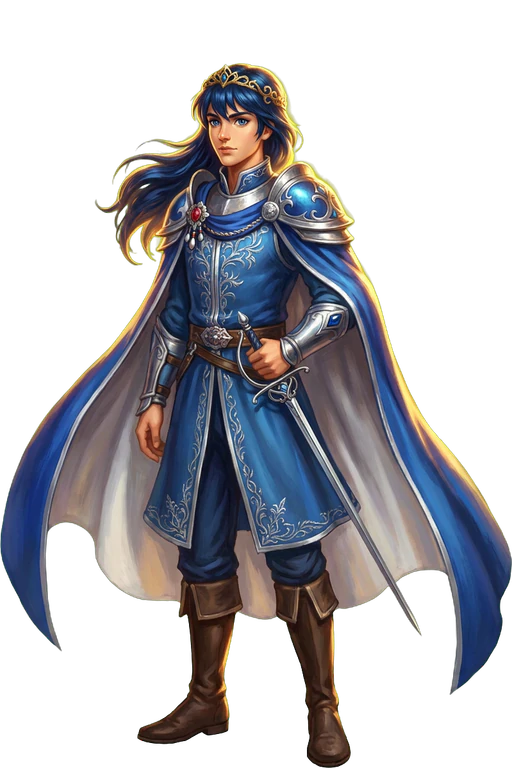 Painted portrait of Marth, a blue-haired lord in a tiara and blue cape