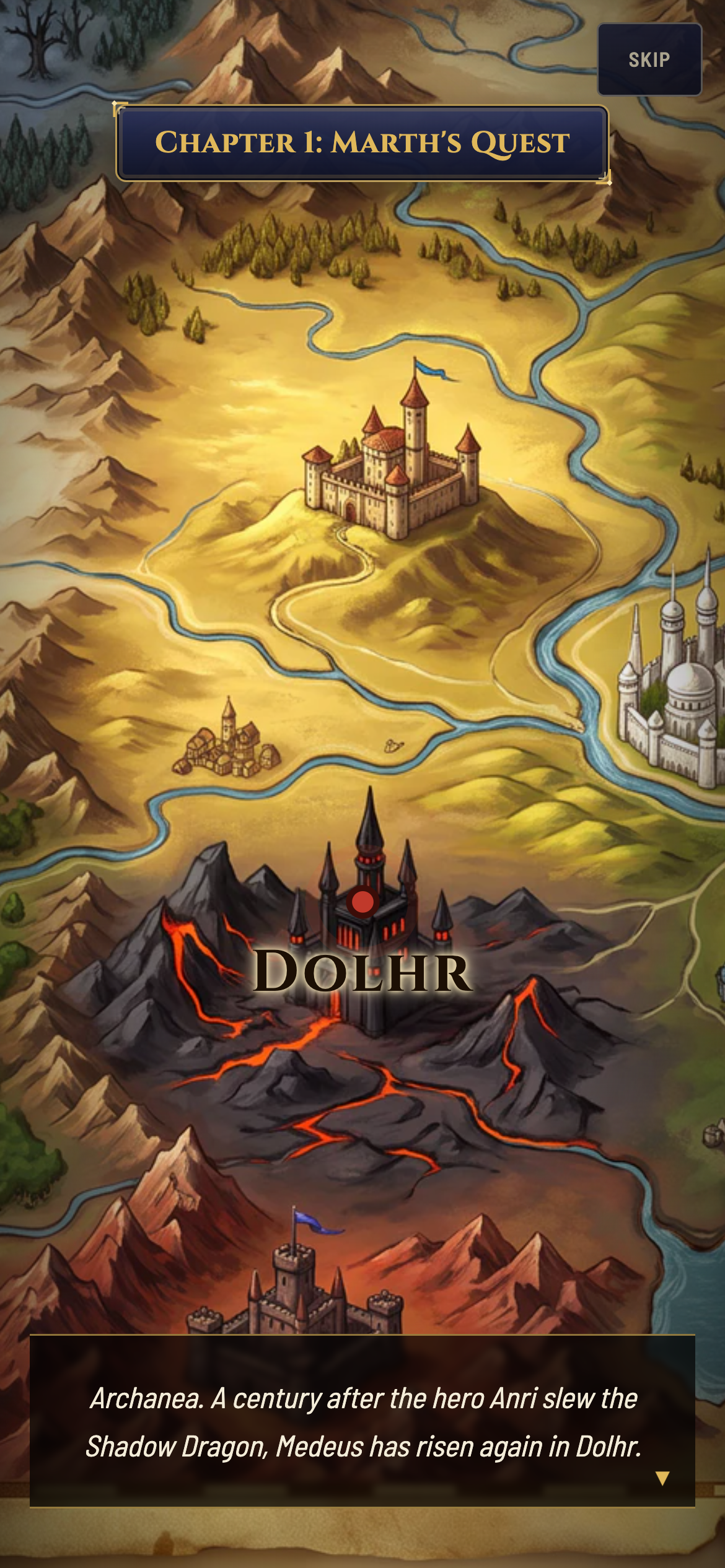 The opening of Chapter 1, Marth's Quest: the camera has zoomed in on the parchment map to Dolhr, a black castle on lava-veined mountains, with the name "Dolhr" drawn over it by the game. The narrator box reads "Archanea. A century after the hero Anri slew the Shadow Dragon, Medeus has risen again in Dolhr."