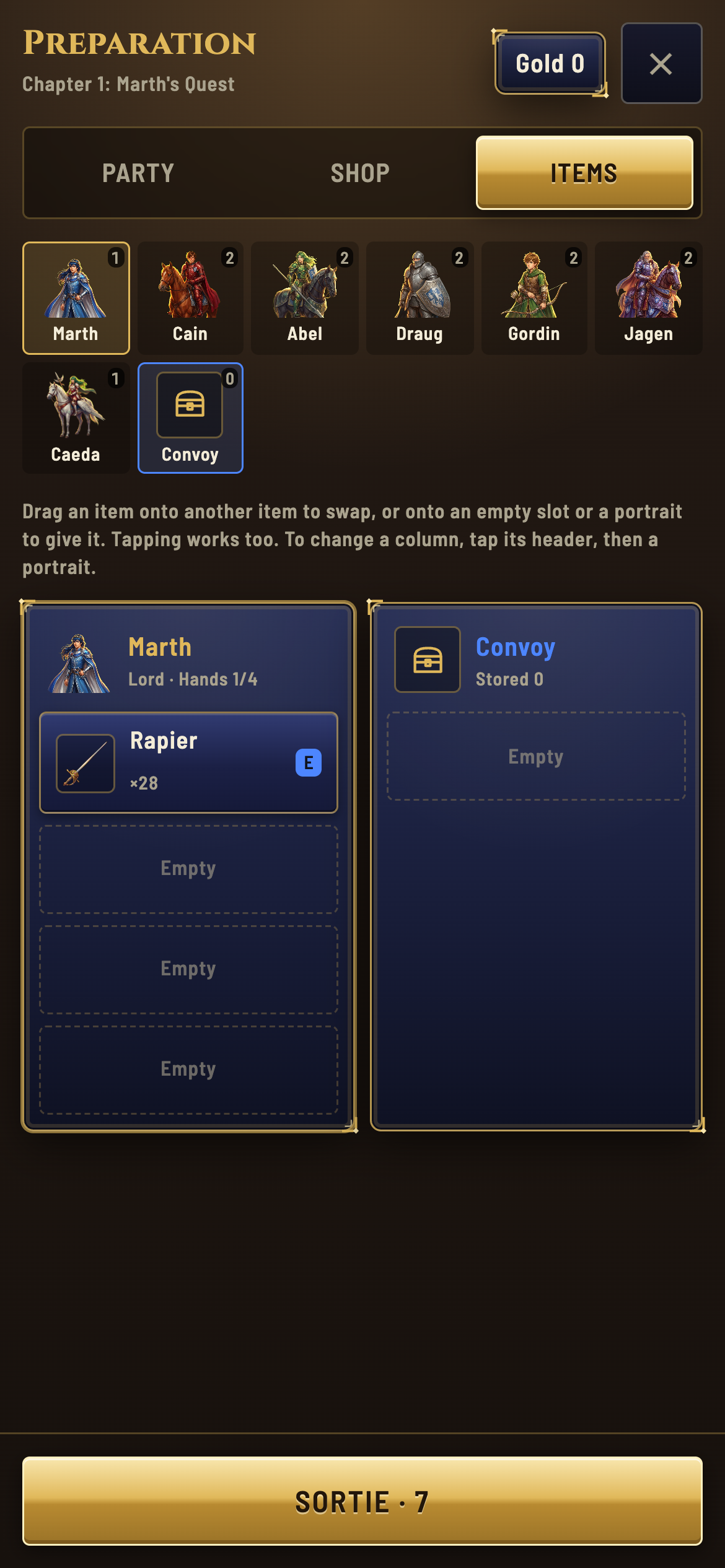 The Preparation screen for Chapter 1, Marth's Quest, on the Items tab: a row of painted portraits for Marth, Cain, Abel, Draug, Gordin, Jagen, Caeda and the Convoy, with Marth's inventory (a Rapier, 28 uses, equipped) beside an empty convoy, and a gold Sortie · 7 button at the bottom