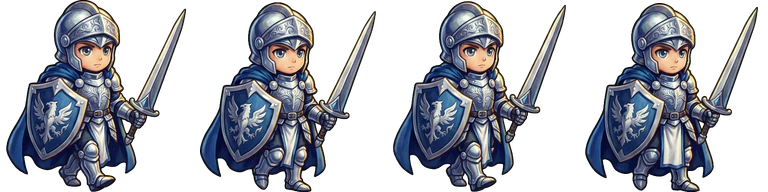 A four-frame walk cycle strip of an armoured knight walking towards the camera, generated as one 2×2 grid and split into frames