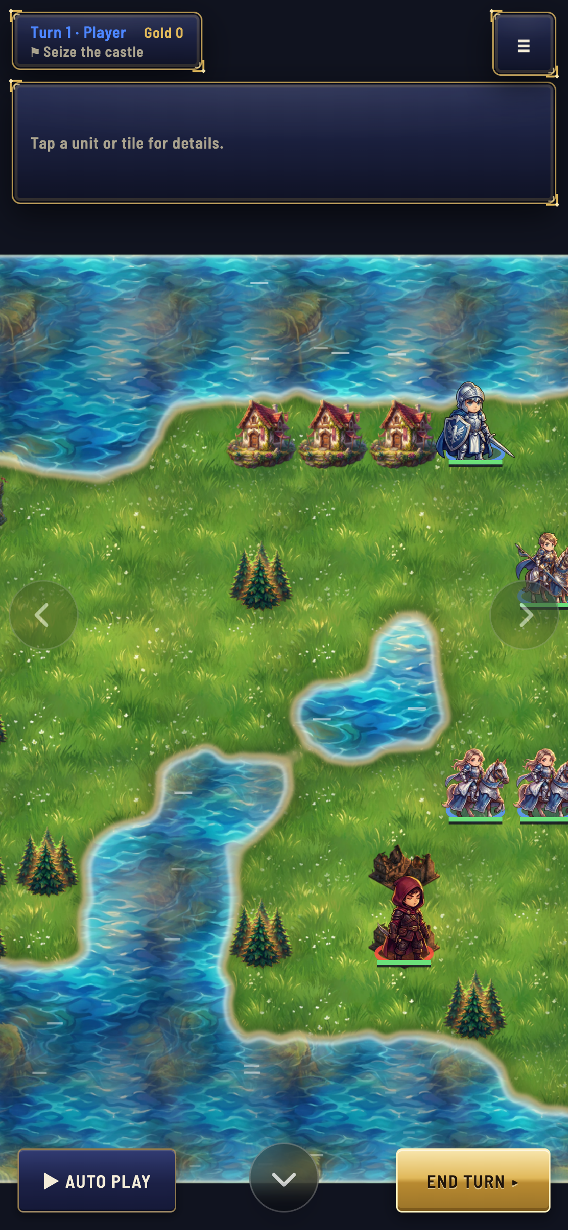 Shadow Dragon chapter 1 on a phone: painted knights, cavaliers and a hooded fighter on a grass map split by rivers, with three village houses along the shore. The top bar reads "Turn 1 · Player, Gold 0, Seize the castle", and Auto Play and End Turn buttons sit at the bottom